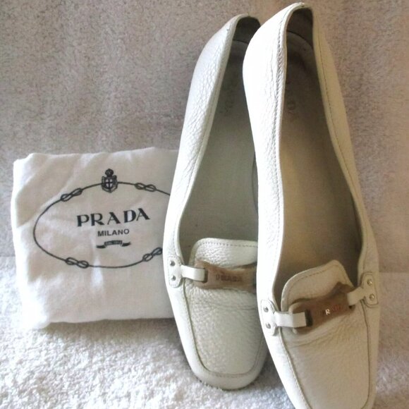 Women's Prada Off White Pebble Leather Logo Slip On Flats with Prada Dust Bag - Picture 1 of 6